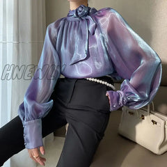 Hnewly Bowknot Mesh Blouse Womens Chic New Style Temperament Lady Chiffontops Fashion Bright Purple