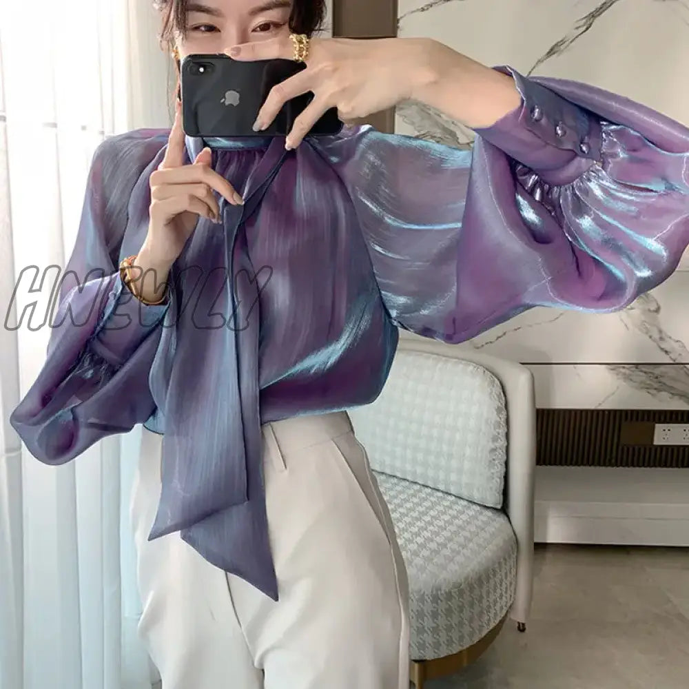 Hnewly Bowknot Mesh Blouse Womens Chic New Style Temperament Lady Chiffontops Fashion Bright Purple