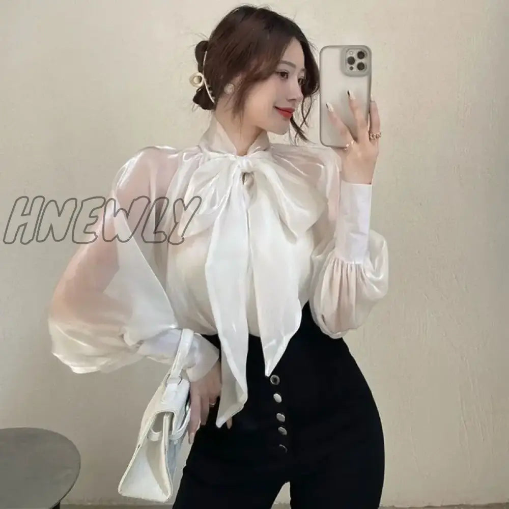 Hnewly Bowknot Mesh Blouse Womens Chic New Style Temperament Lady Chiffontops Fashion Bright Purple