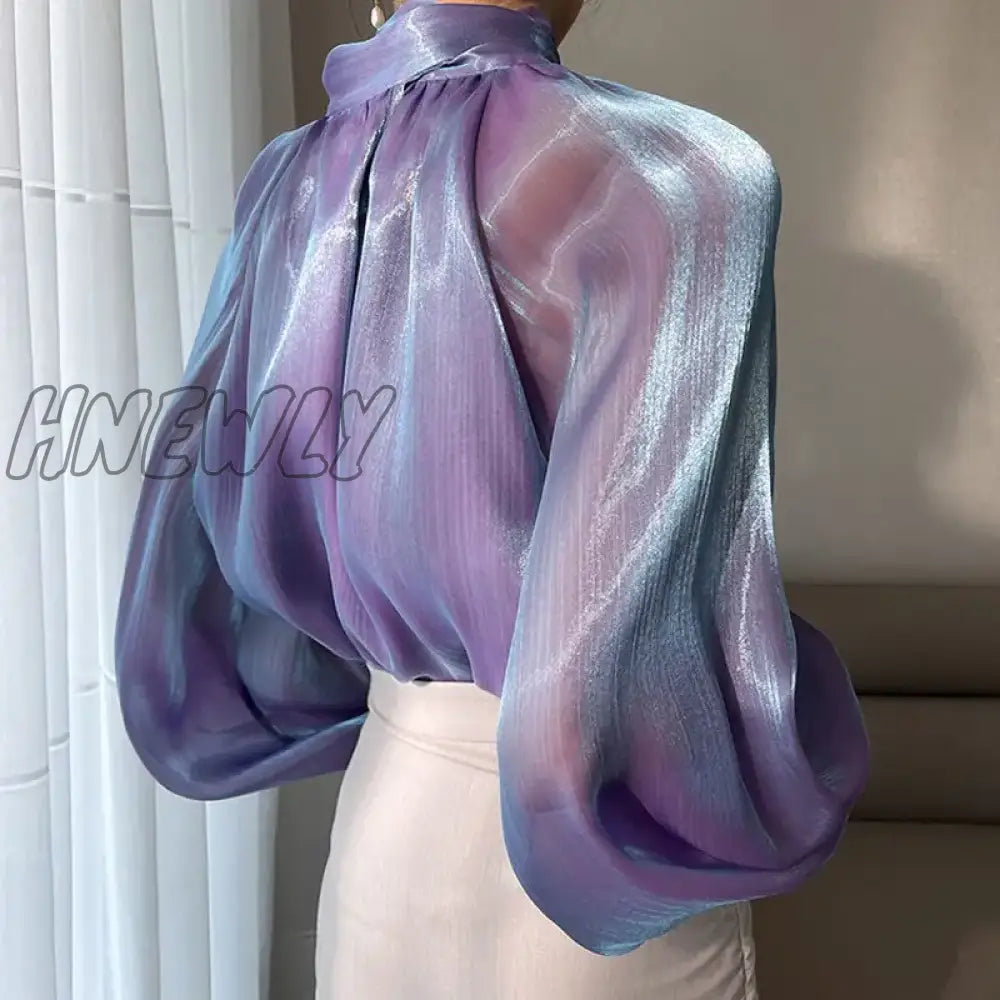 Hnewly Bowknot Mesh Blouse Womens Chic New Style Temperament Lady Chiffontops Fashion Bright Purple