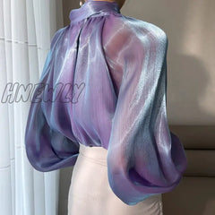 Hnewly Bowknot Mesh Blouse Womens Chic New Style Temperament Lady Chiffontops Fashion Bright Purple