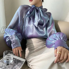 Bowknot Mesh Blouse Womens Chic New Style Temperament Lady ChiffonTops Fashion Bright Purple Long Lantern Sleeve Shirt