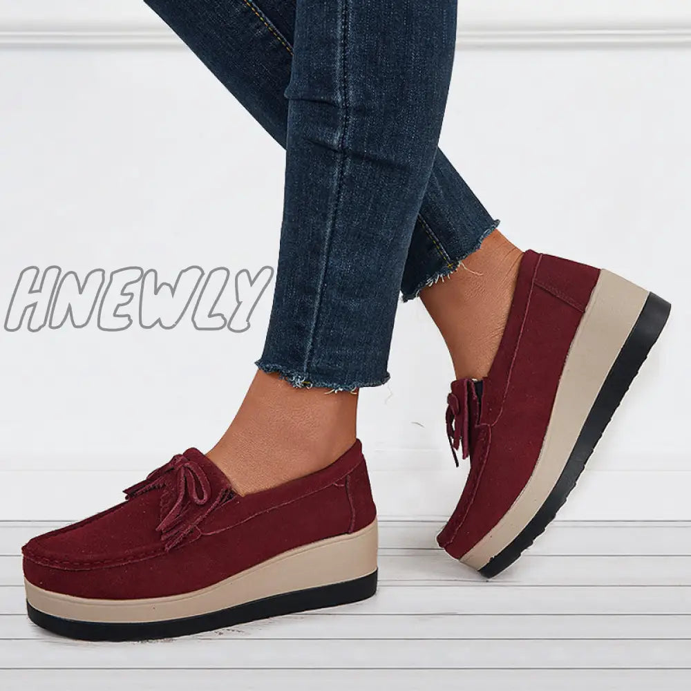 Hnewly Bowknot Tassel Wedge Heel Loafers Slip On Platform Walking Shoes