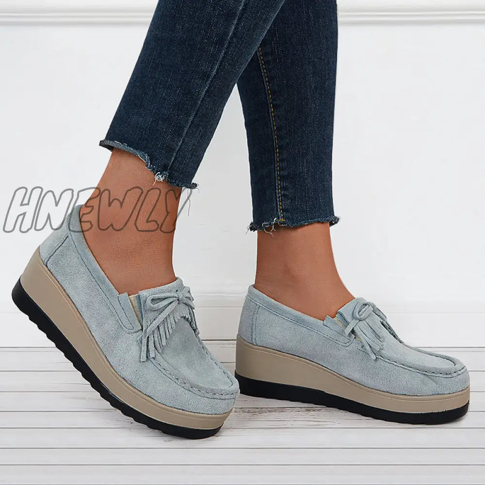 Hnewly Bowknot Tassel Wedge Heel Loafers Slip On Platform Walking Shoes