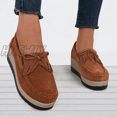 Hnewly Bowknot Tassel Wedge Heel Loafers Slip On Platform Walking Shoes
