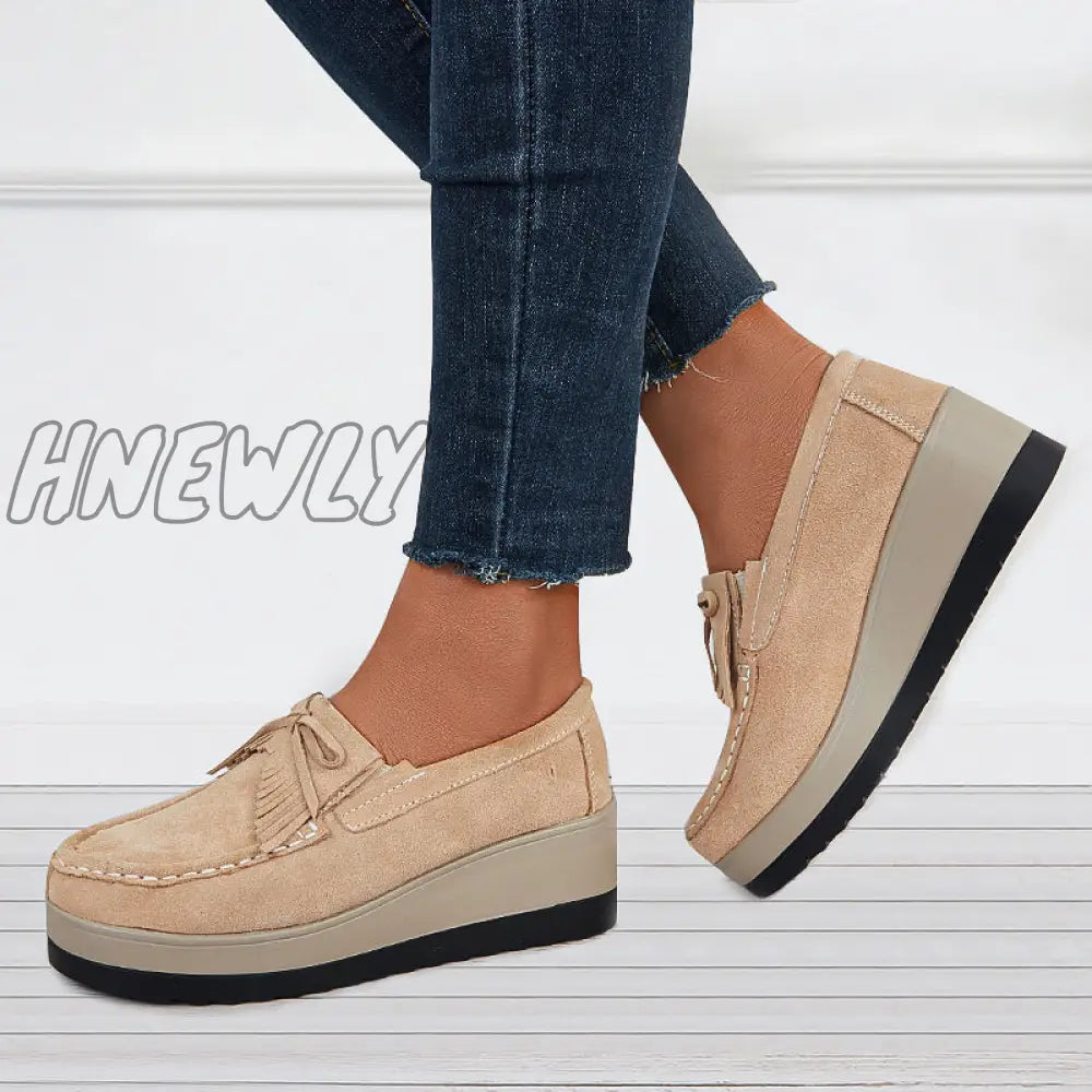 Hnewly Bowknot Tassel Wedge Heel Loafers Slip On Platform Walking Shoes