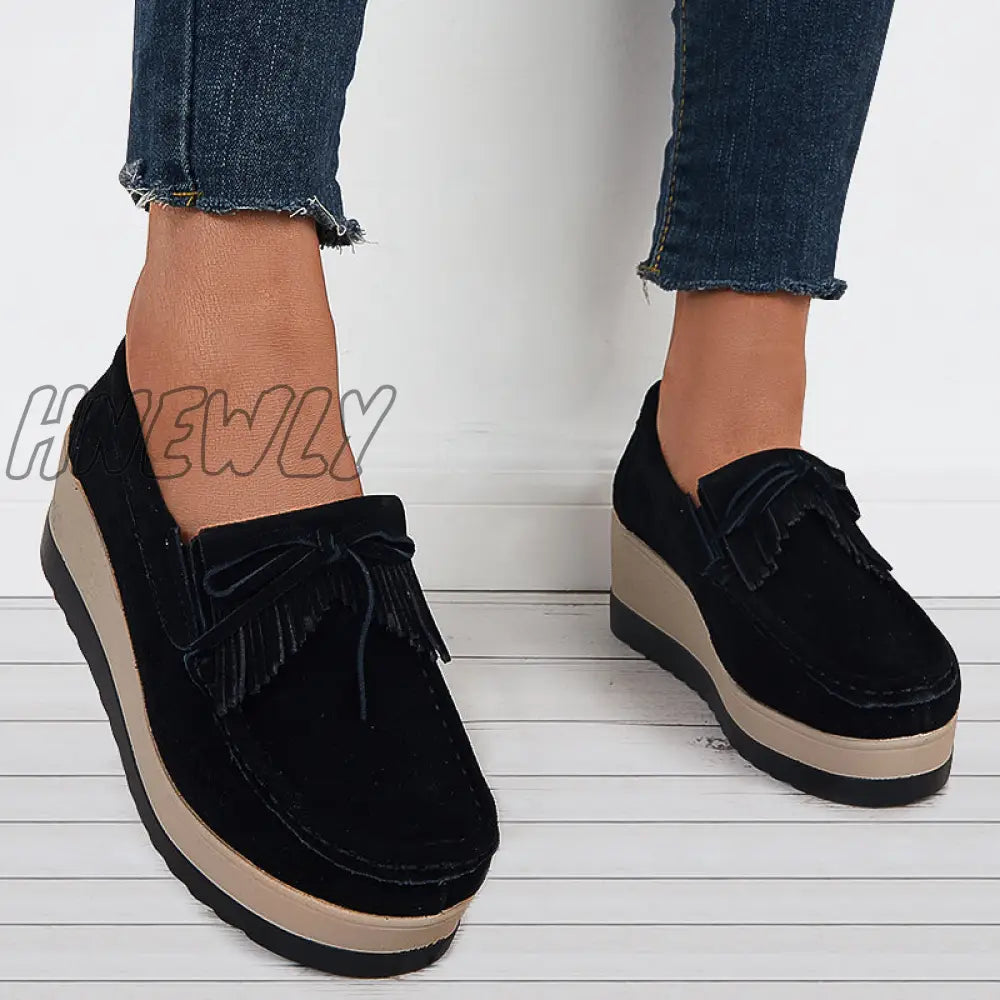 Hnewly Bowknot Tassel Wedge Heel Loafers Slip On Platform Walking Shoes