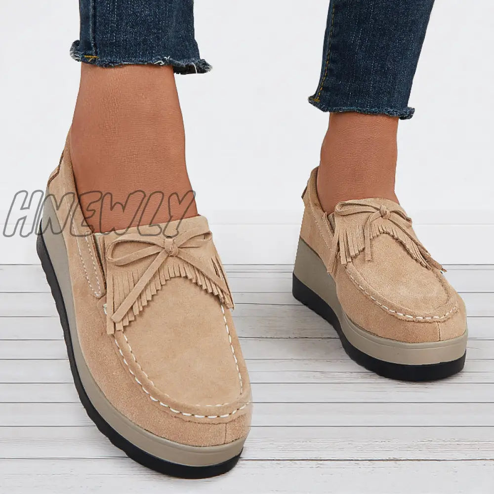 Hnewly Bowknot Tassel Wedge Heel Loafers Slip On Platform Walking Shoes