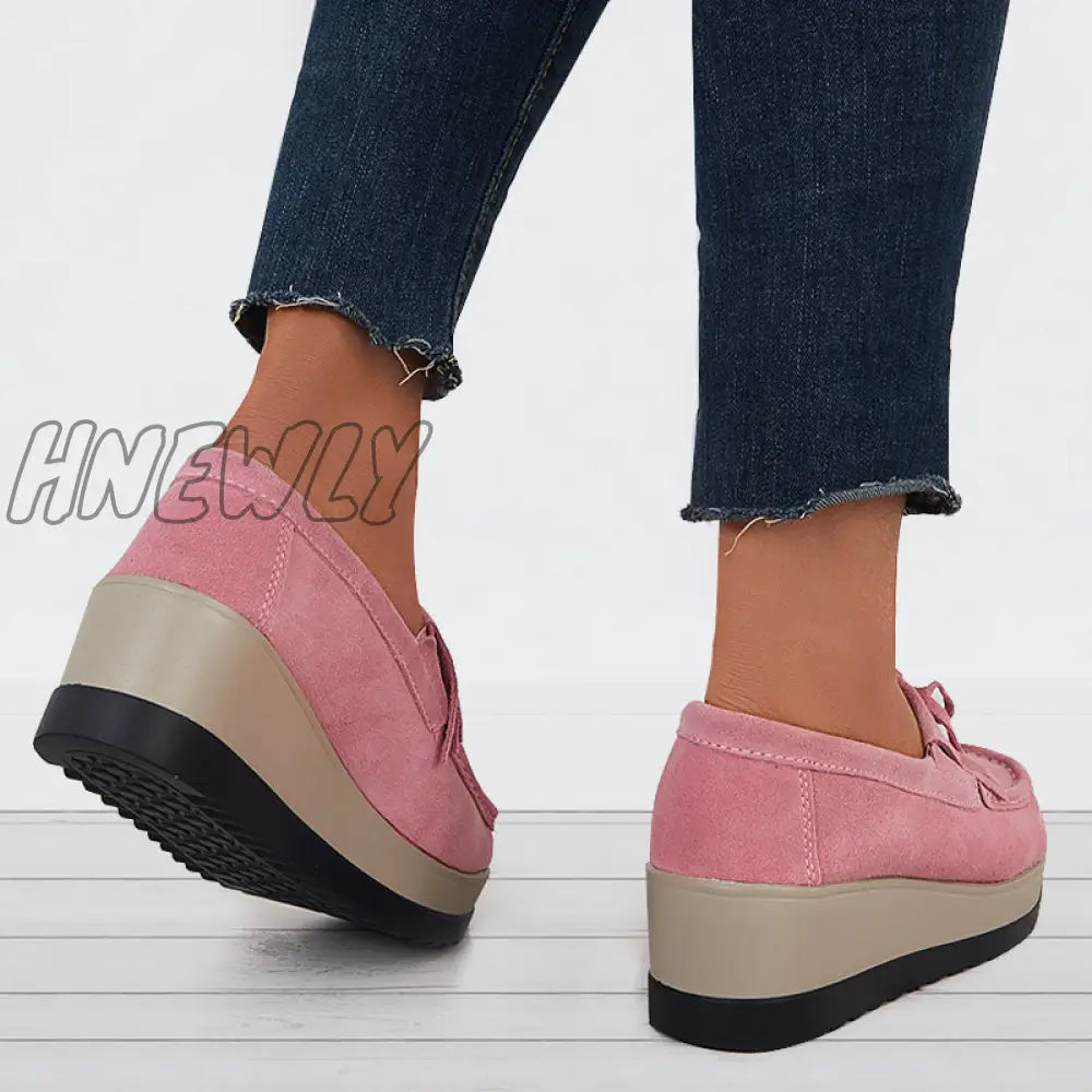 Hnewly Bowknot Tassel Wedge Heel Loafers Slip On Platform Walking Shoes