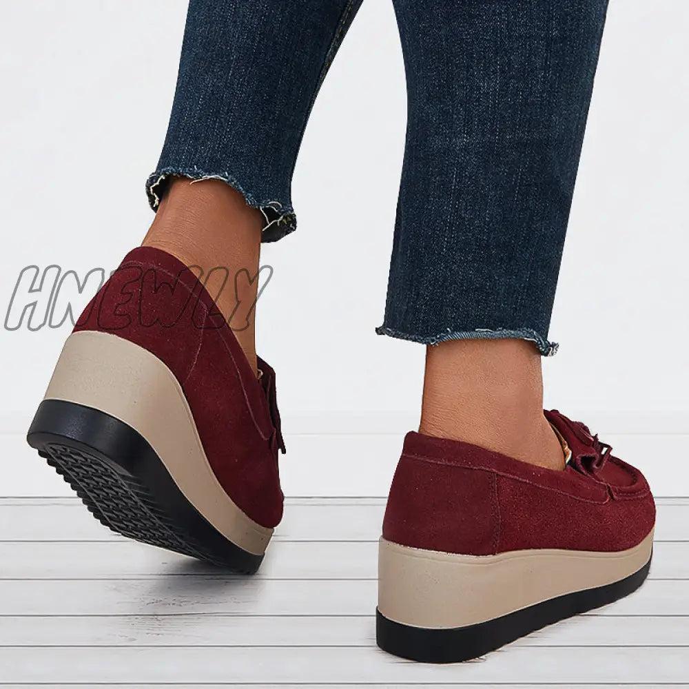 Hnewly Bowknot Tassel Wedge Heel Loafers Slip On Platform Walking Shoes