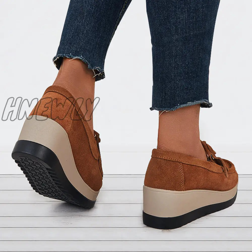 Hnewly Bowknot Tassel Wedge Heel Loafers Slip On Platform Walking Shoes