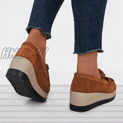 Hnewly Bowknot Tassel Wedge Heel Loafers Slip On Platform Walking Shoes