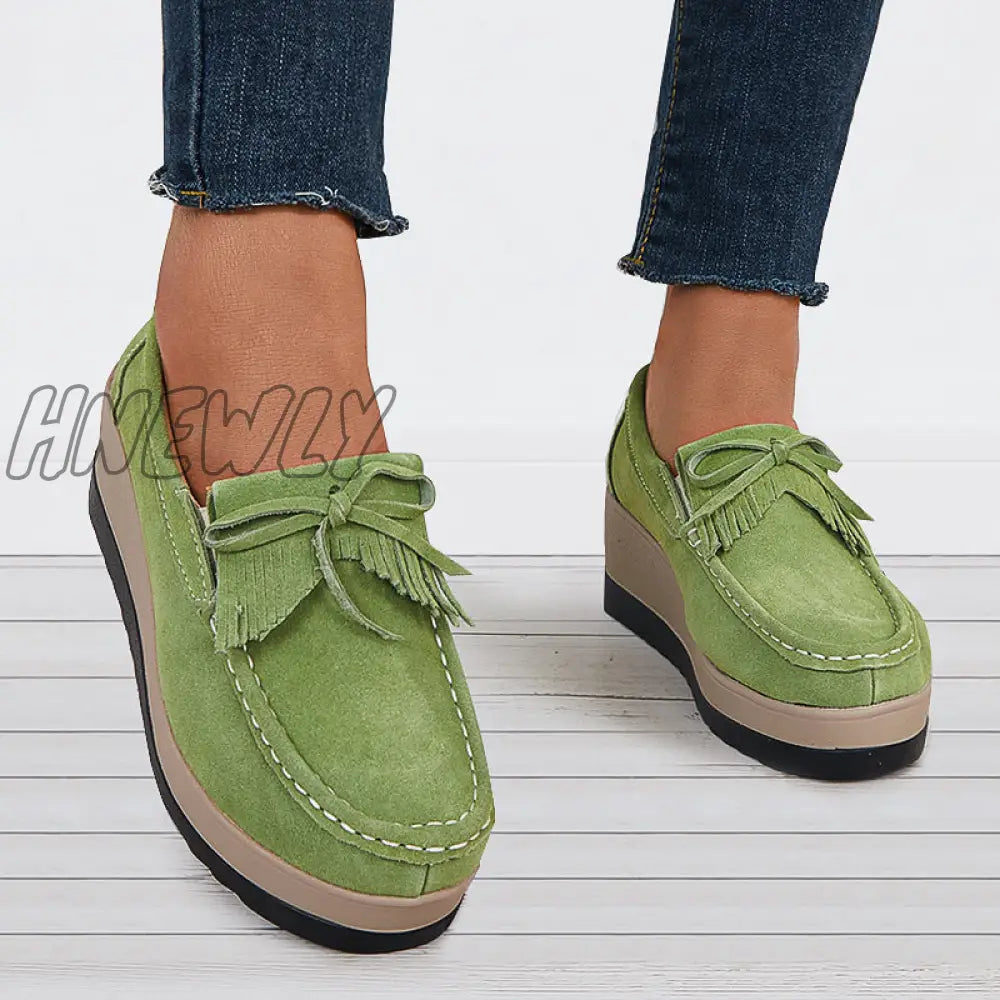 Hnewly Bowknot Tassel Wedge Heel Loafers Slip On Platform Walking Shoes