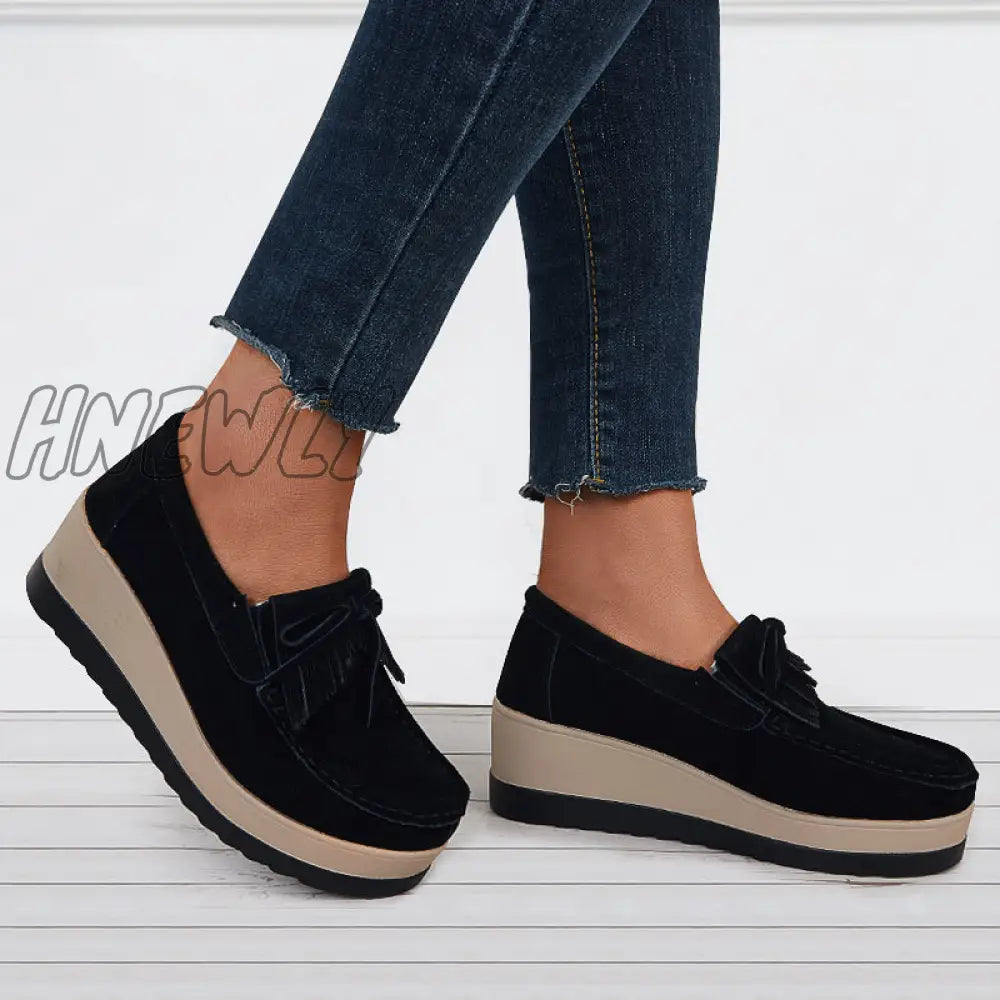 Hnewly Bowknot Tassel Wedge Heel Loafers Slip On Platform Walking Shoes