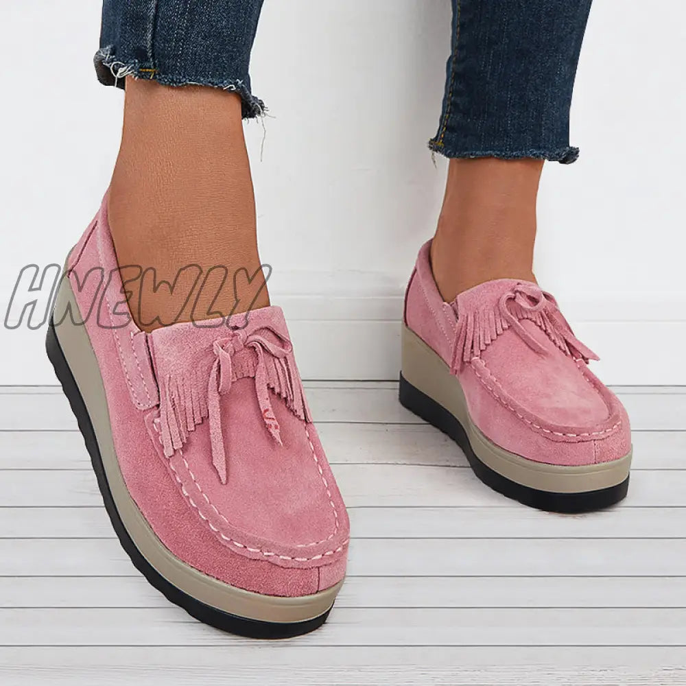 Hnewly Bowknot Tassel Wedge Heel Loafers Slip On Platform Walking Shoes