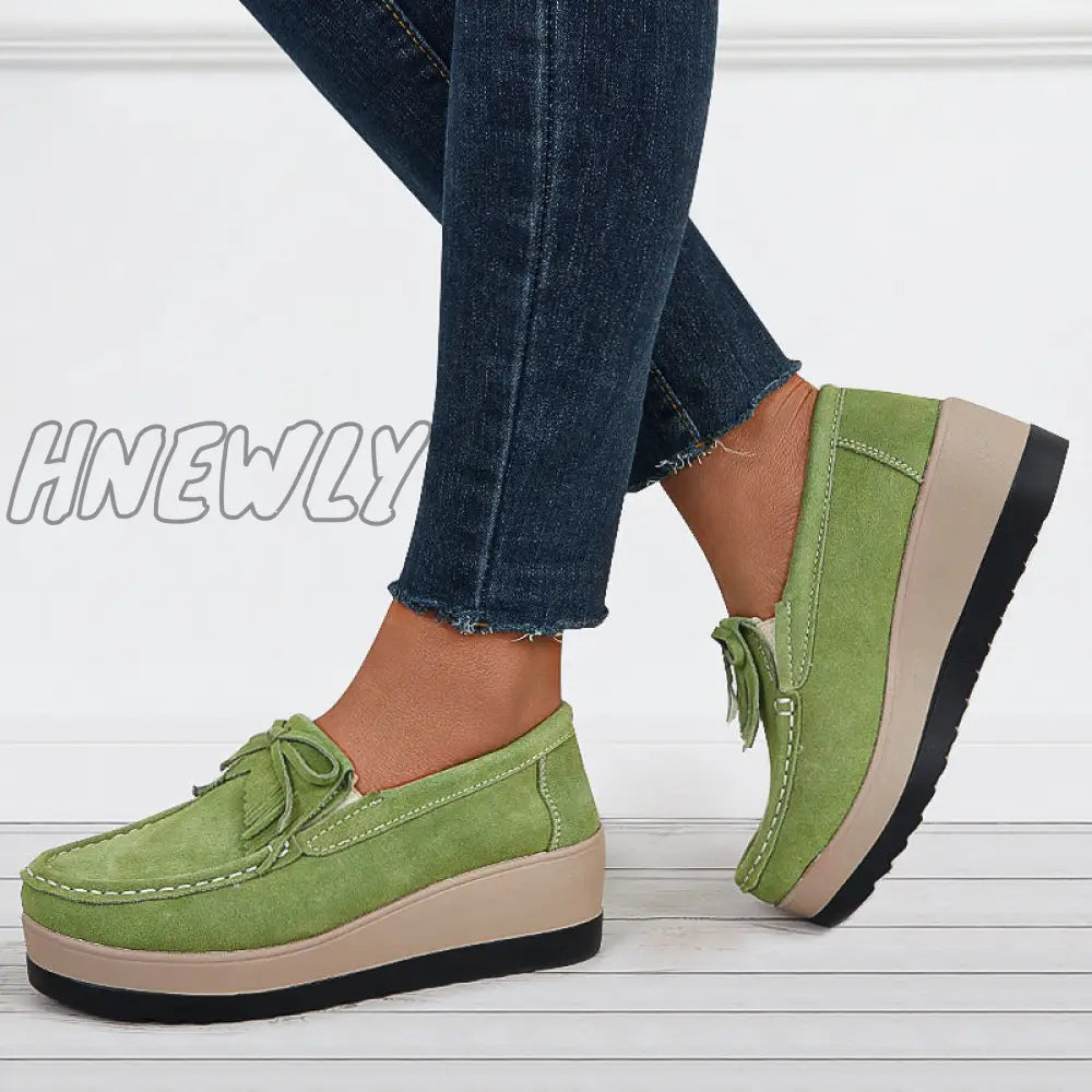 Hnewly Bowknot Tassel Wedge Heel Loafers Slip On Platform Walking Shoes