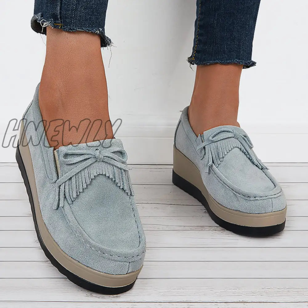 Hnewly Bowknot Tassel Wedge Heel Loafers Slip On Platform Walking Shoes