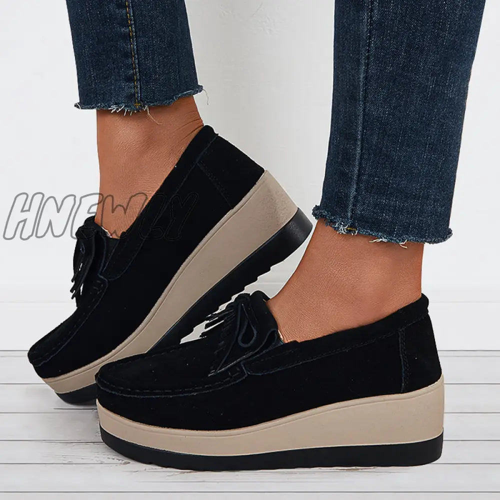 Hnewly Bowknot Tassel Wedge Heel Loafers Slip On Platform Walking Shoes Black / 5
