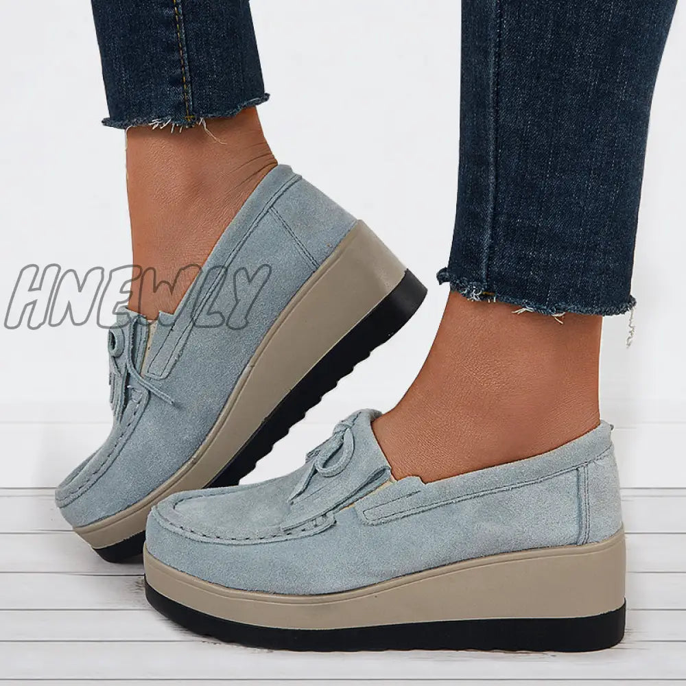Hnewly Bowknot Tassel Wedge Heel Loafers Slip On Platform Walking Shoes Blue / 5