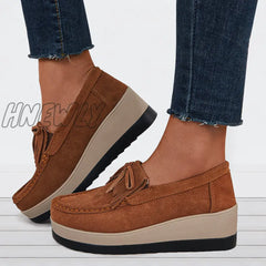 Hnewly Bowknot Tassel Wedge Heel Loafers Slip On Platform Walking Shoes Brown / 5