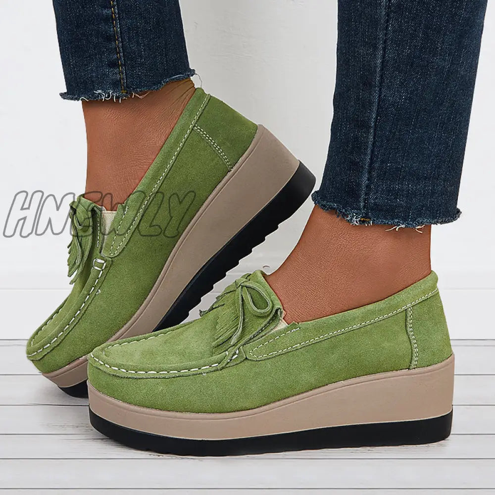 Hnewly Bowknot Tassel Wedge Heel Loafers Slip On Platform Walking Shoes Green / 5