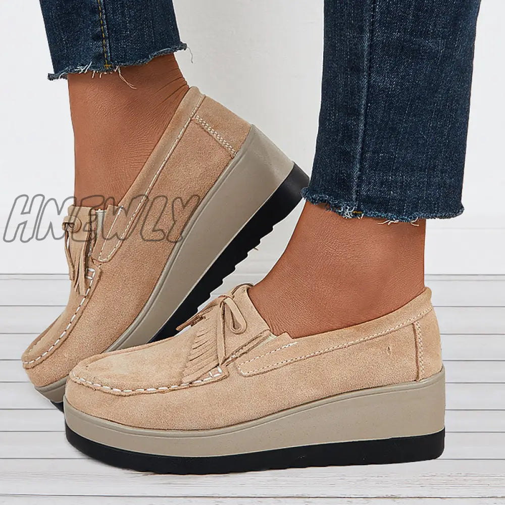 Hnewly Bowknot Tassel Wedge Heel Loafers Slip On Platform Walking Shoes Khaki / 5