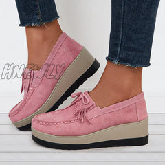 Hnewly Bowknot Tassel Wedge Heel Loafers Slip On Platform Walking Shoes Pink / 5