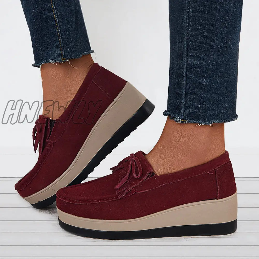 Hnewly Bowknot Tassel Wedge Heel Loafers Slip On Platform Walking Shoes Wine-Red / 5