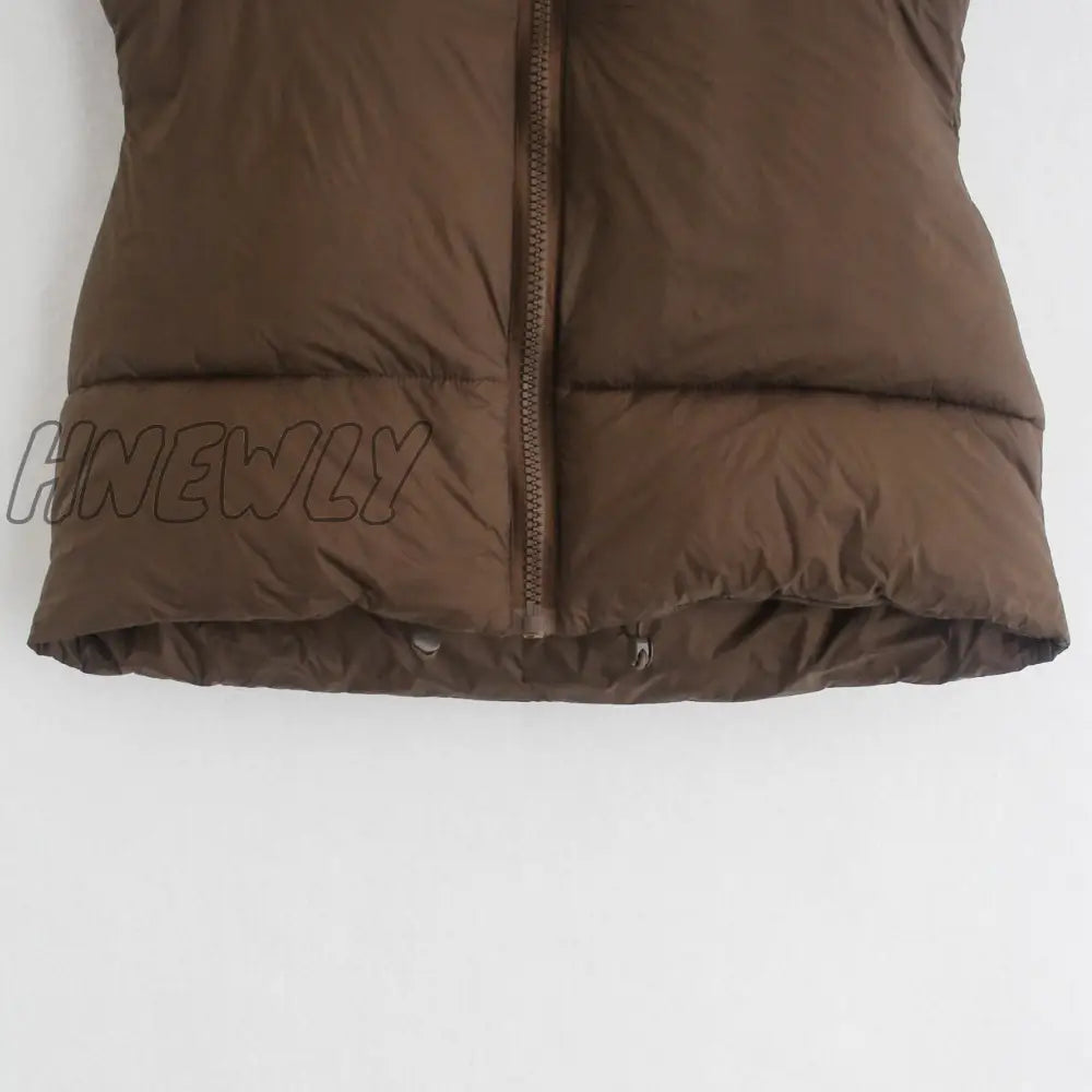 Hnewly Brown Sleeveless Women Short Waistcoat Casual Streetwear Zipper Lady Outwear Warm High