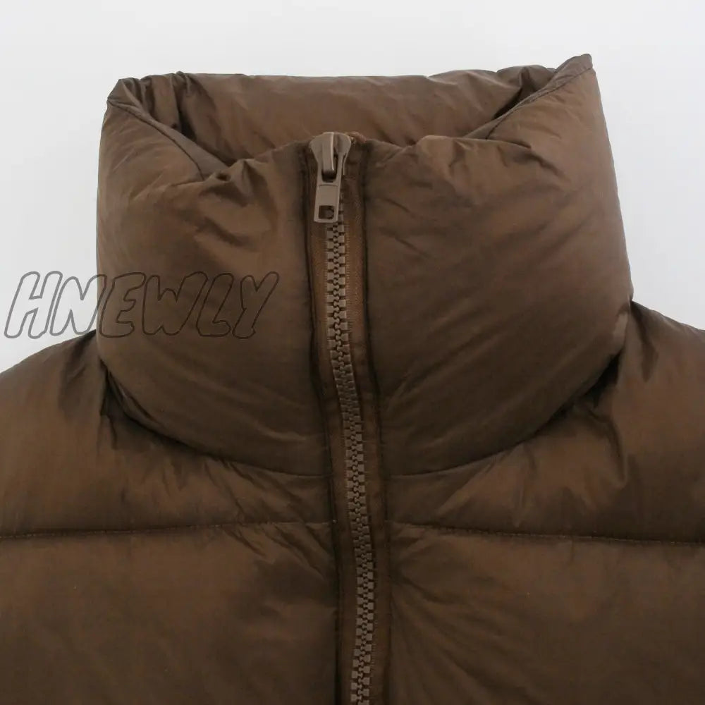 Hnewly Brown Sleeveless Women Short Waistcoat Casual Streetwear Zipper Lady Outwear Warm High