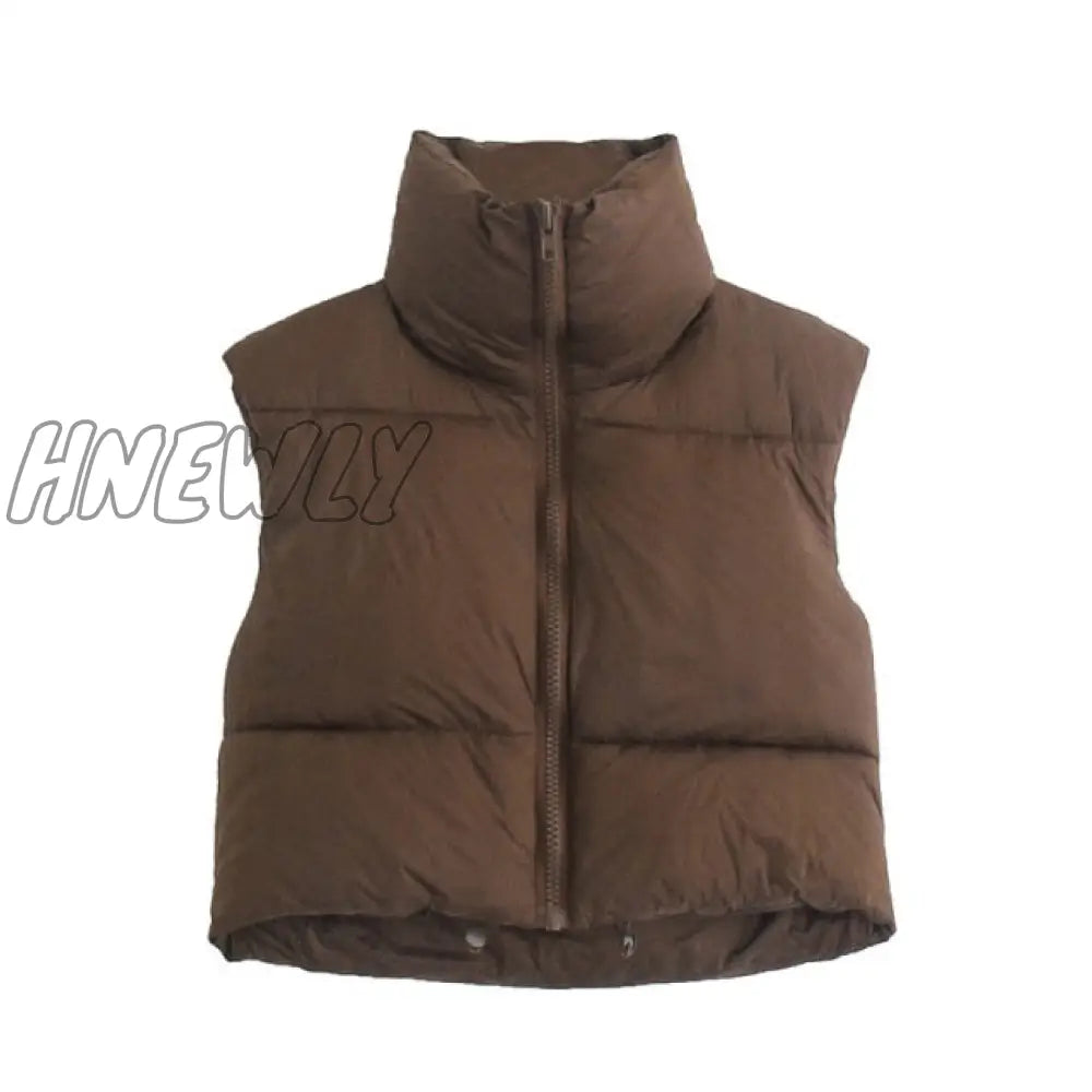 Hnewly Brown Sleeveless Women Short Waistcoat Casual Streetwear Zipper Lady Outwear Warm High
