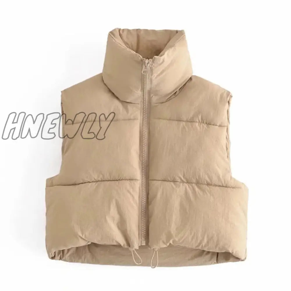 Hnewly Brown Sleeveless Women Short Waistcoat Casual Streetwear Zipper Lady Outwear Warm High