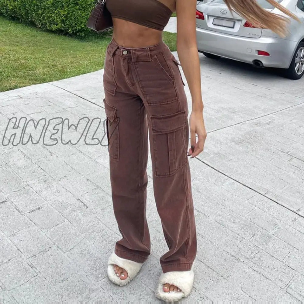 Hnewly Brown Vintage Baggy Jeans Women 90S Streetwear Pockets Wide Leg Cargo Pants Low Waist
