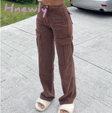 Hnewly Brown Vintage Baggy Jeans Women 90S Streetwear Pockets Wide Leg Cargo Pants Low Waist