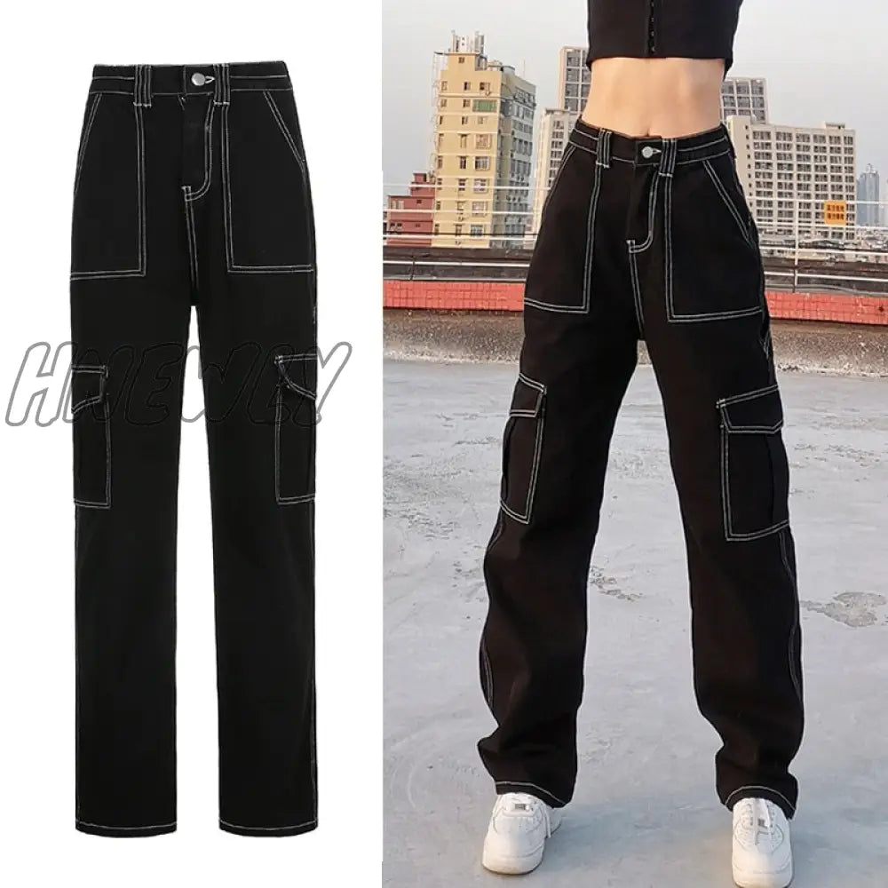 Hnewly Brown Vintage Baggy Jeans Women 90S Streetwear Pockets Wide Leg Cargo Pants Low Waist