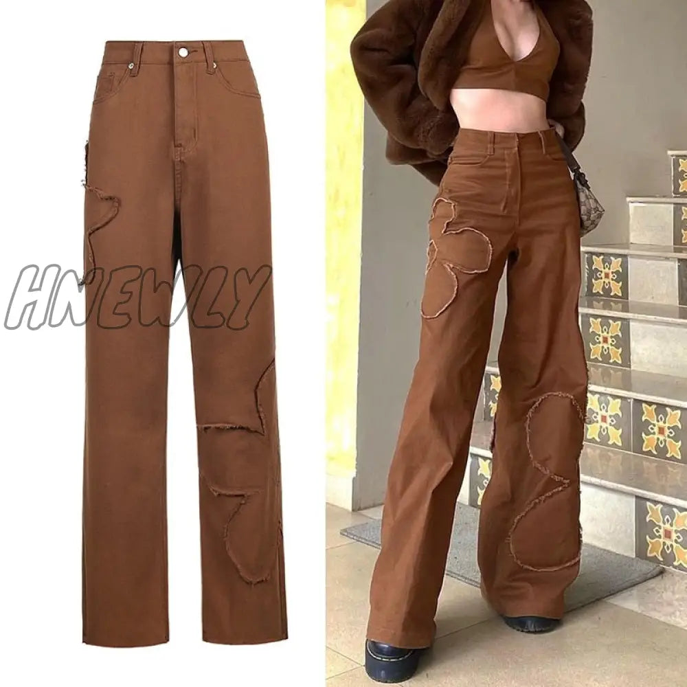 Hnewly Brown Vintage Baggy Jeans Women 90S Streetwear Pockets Wide Leg Cargo Pants Low Waist