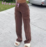 Hnewly Brown Vintage Baggy Jeans Women 90S Streetwear Pockets Wide Leg Cargo Pants Low Waist