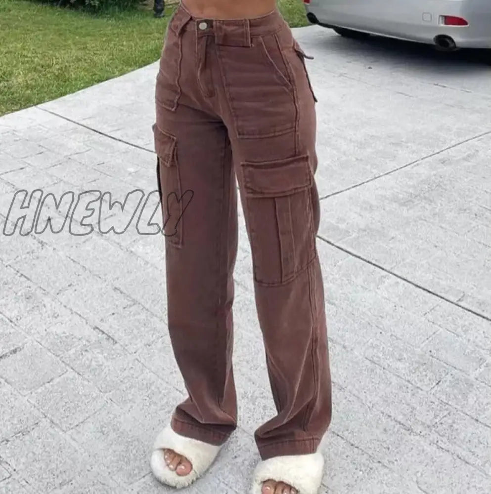 Hnewly Brown Vintage Baggy Jeans Women 90S Streetwear Pockets Wide Leg Cargo Pants Low Waist