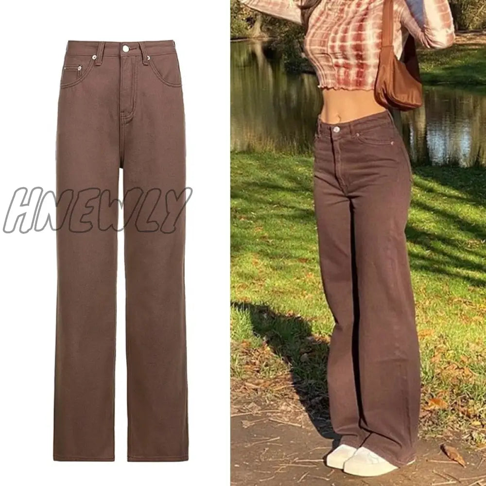 Hnewly Brown Vintage Baggy Jeans Women 90S Streetwear Pockets Wide Leg Cargo Pants Low Waist