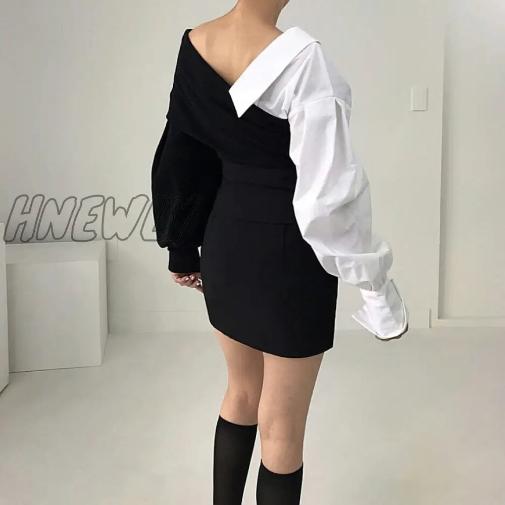 Hnewly Bv-Neck Off-The-Shoulder Womens Tops Blouses Contrast Color Knitted Stitching Puff Sleeve
