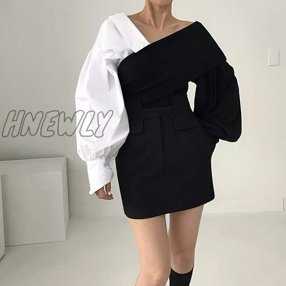Hnewly Bv-Neck Off-The-Shoulder Womens Tops Blouses Contrast Color Knitted Stitching Puff Sleeve