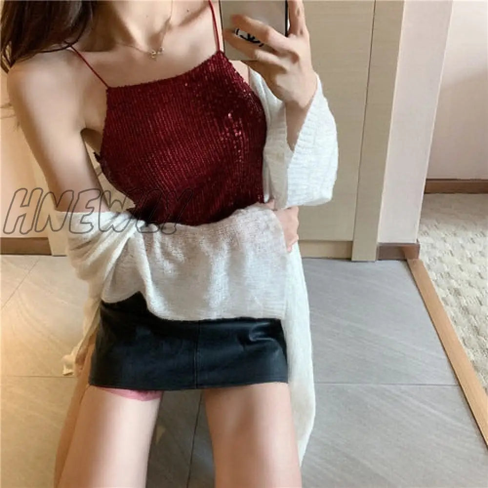 Hnewly Camisoles Women New Chic Silvery Sequined Sexy V-Neck Off Shoulder Femme Crop Top Vintage