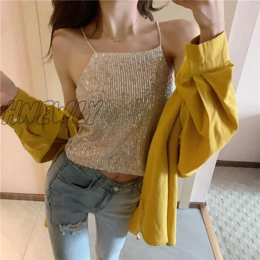Hnewly Camisoles Women New Chic Silvery Sequined Sexy V-Neck Off Shoulder Femme Crop Top Vintage