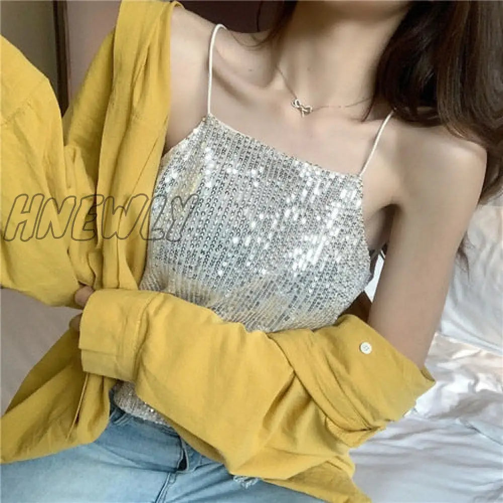Hnewly Camisoles Women New Chic Silvery Sequined Sexy V-Neck Off Shoulder Femme Crop Top Vintage