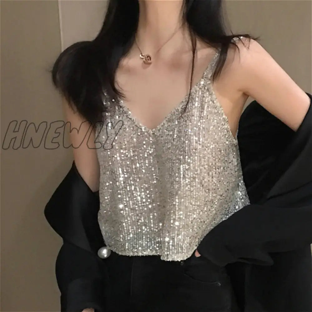 Hnewly Camisoles Women New Chic Silvery Sequined Sexy V-Neck Off Shoulder Femme Crop Top Vintage