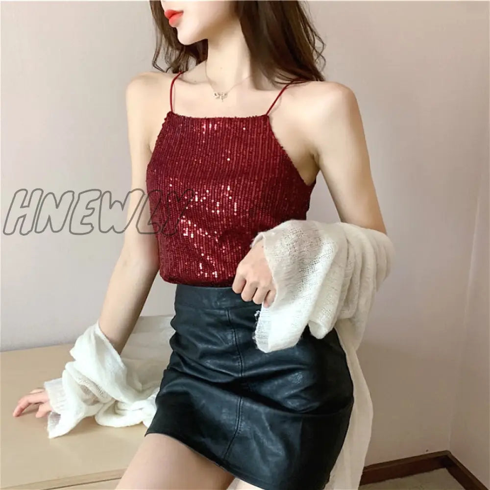 Hnewly Camisoles Women New Chic Silvery Sequined Sexy V-Neck Off Shoulder Femme Crop Top Vintage