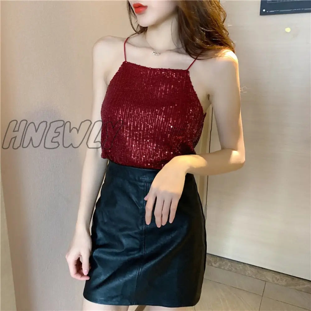 Hnewly Camisoles Women New Chic Silvery Sequined Sexy V-Neck Off Shoulder Femme Crop Top Vintage