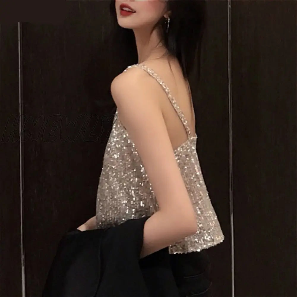 Hnewly Camisoles Women New Chic Silvery Sequined Sexy V-Neck Off Shoulder Femme Crop Top Vintage