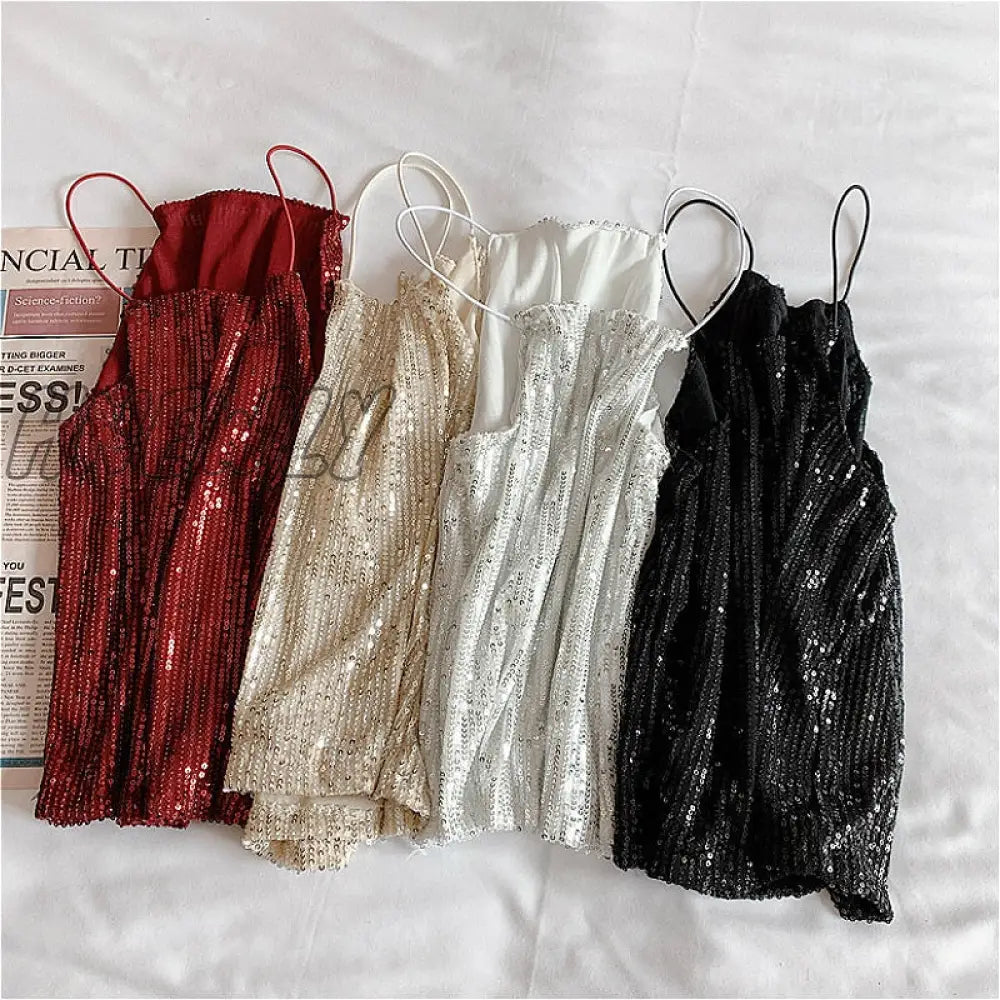 Hnewly Camisoles Women New Chic Silvery Sequined Sexy V-Neck Off Shoulder Femme Crop Top Vintage