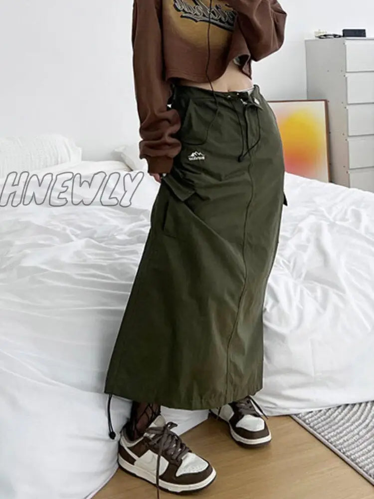 Hnewly Cargo Long Skirt Women Streetwear 90S Low Waist A-Line Pocket Shirring Split Midi Vintage